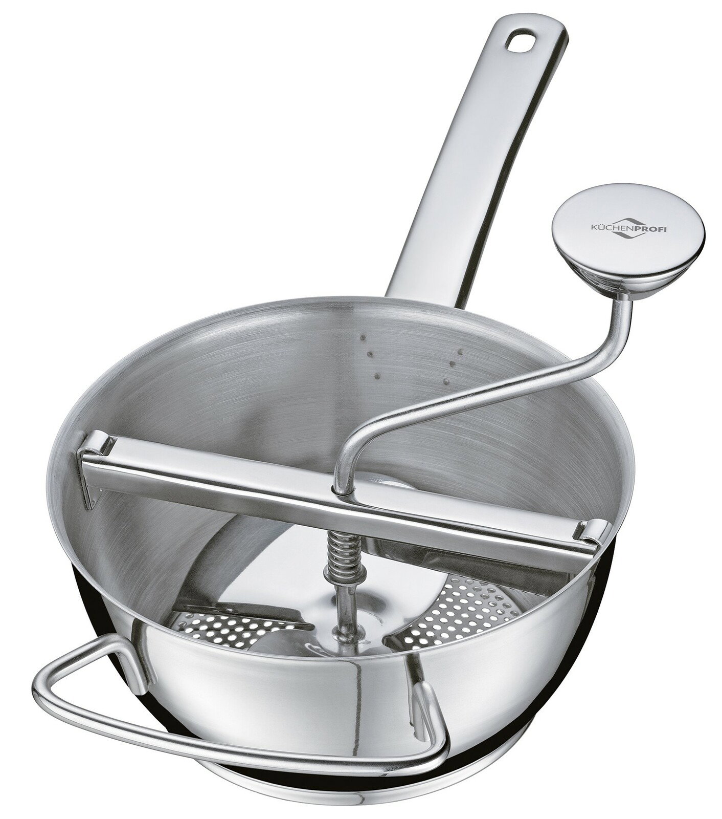 Passiergerät aus Edelstahl, seitliche Perspektive, mit Kurbel und Siebeinsatz.