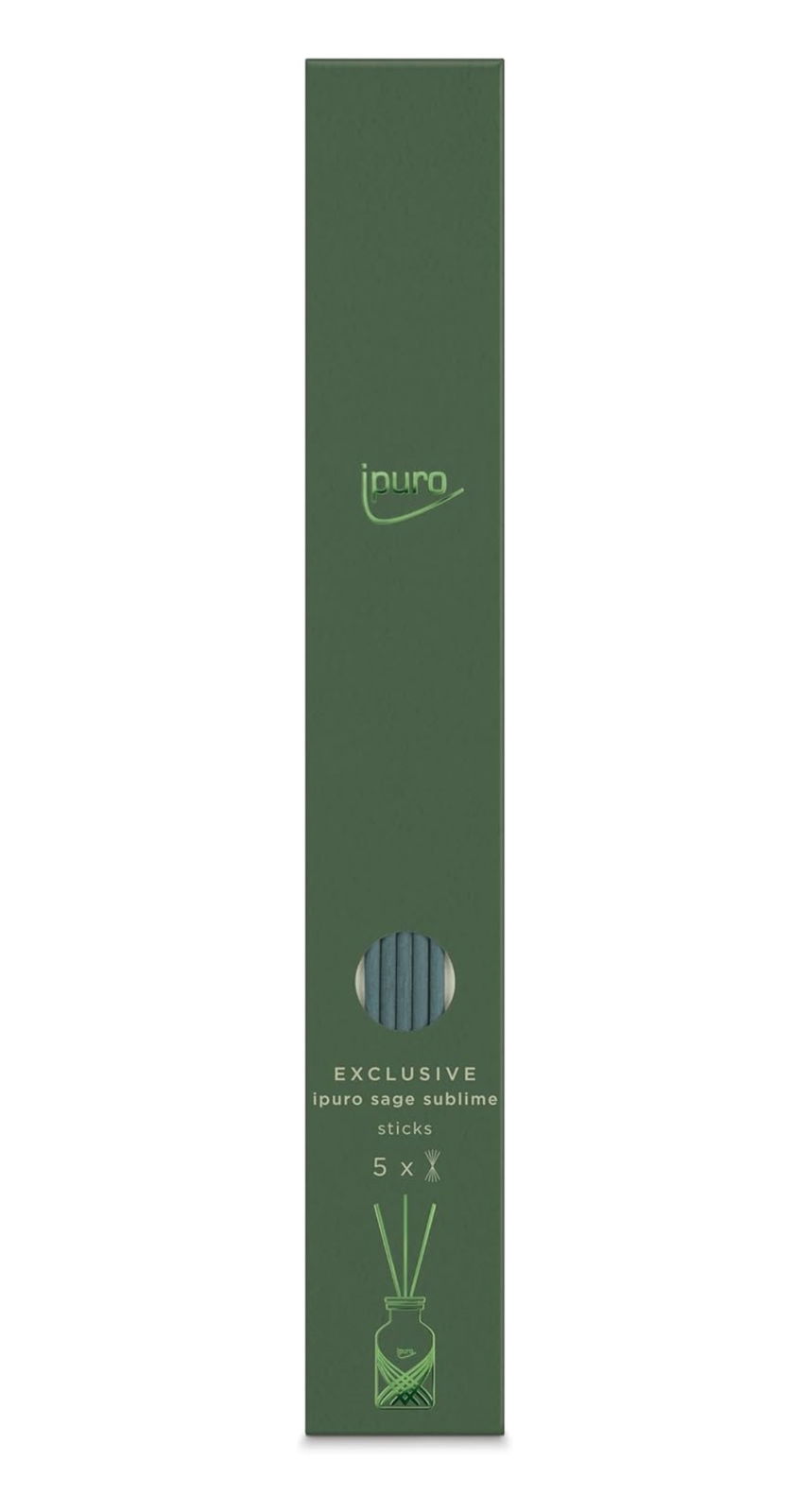 Grüne Verpackung der ipuro Exclusive Fibre Sticks in der Duftrichtung Sage Sublime, frontal abgebildet.