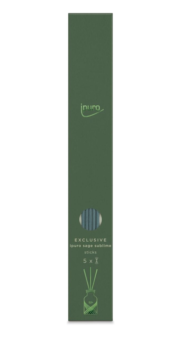 Grüne Verpackung der ipuro Exclusive Fibre Sticks in der Duftrichtung Sage Sublime, frontal abgebildet.