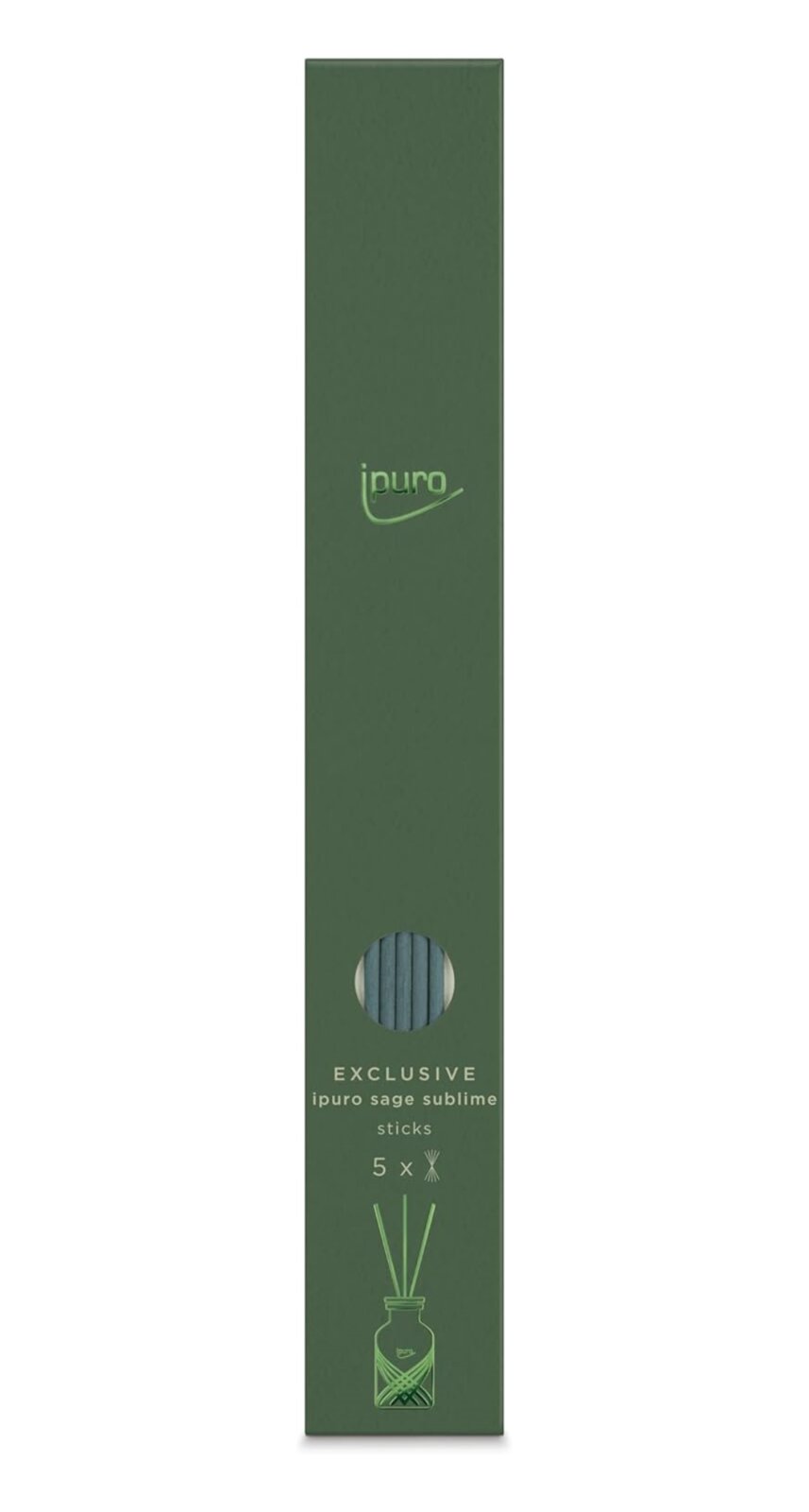 Grüne Verpackung der ipuro Exclusive Fibre Sticks in der Duftrichtung Sage Sublime, frontal abgebildet.