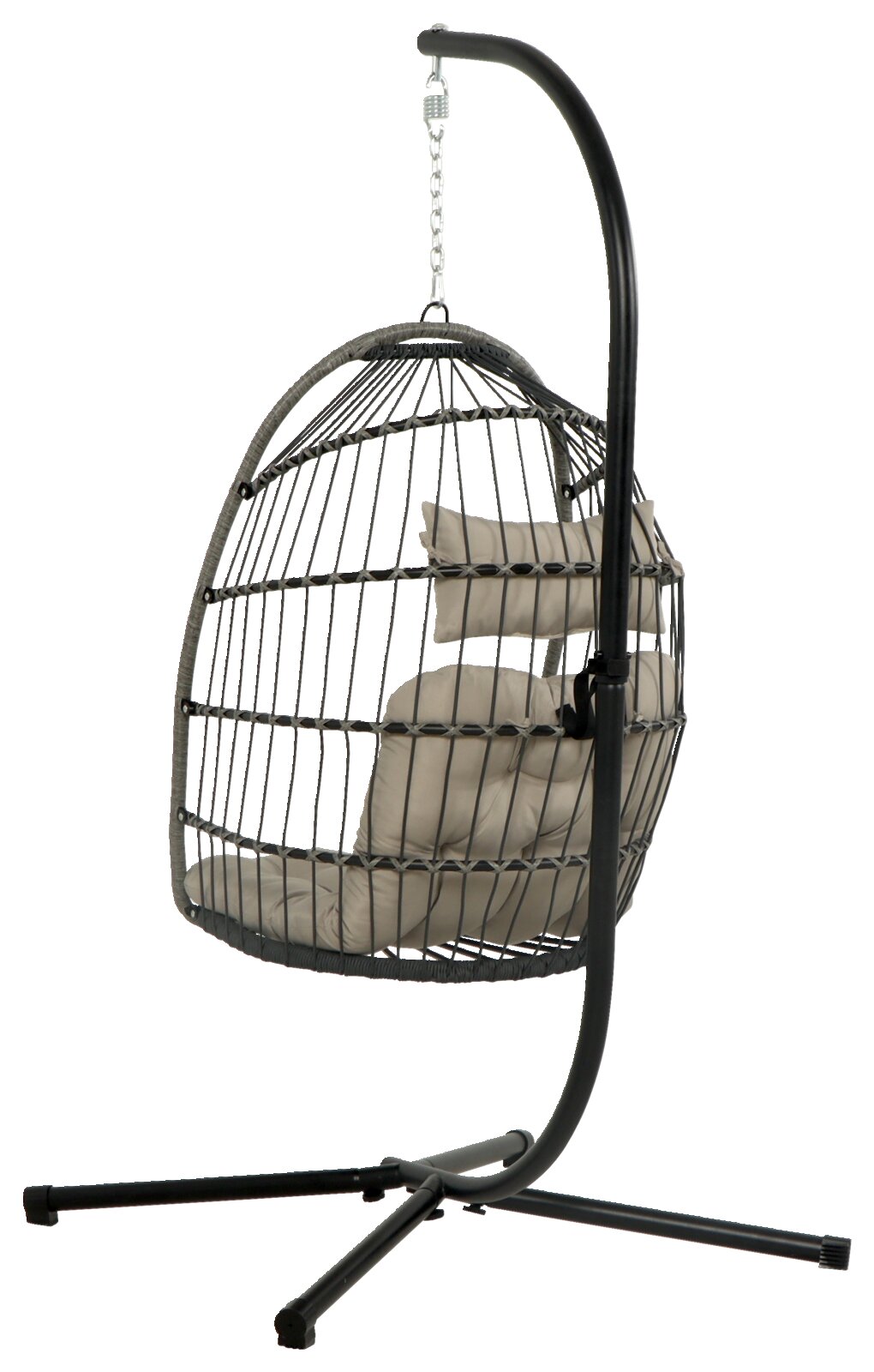 Moderne hangstoel met metalen frame en comfortabele kussens, zijaanzicht