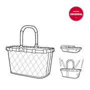 Illustration eines Einkaufskorbs mit Rhombus-Muster, seitliche und frontale Ansicht, mit Tragegriff und faltbarem Design.