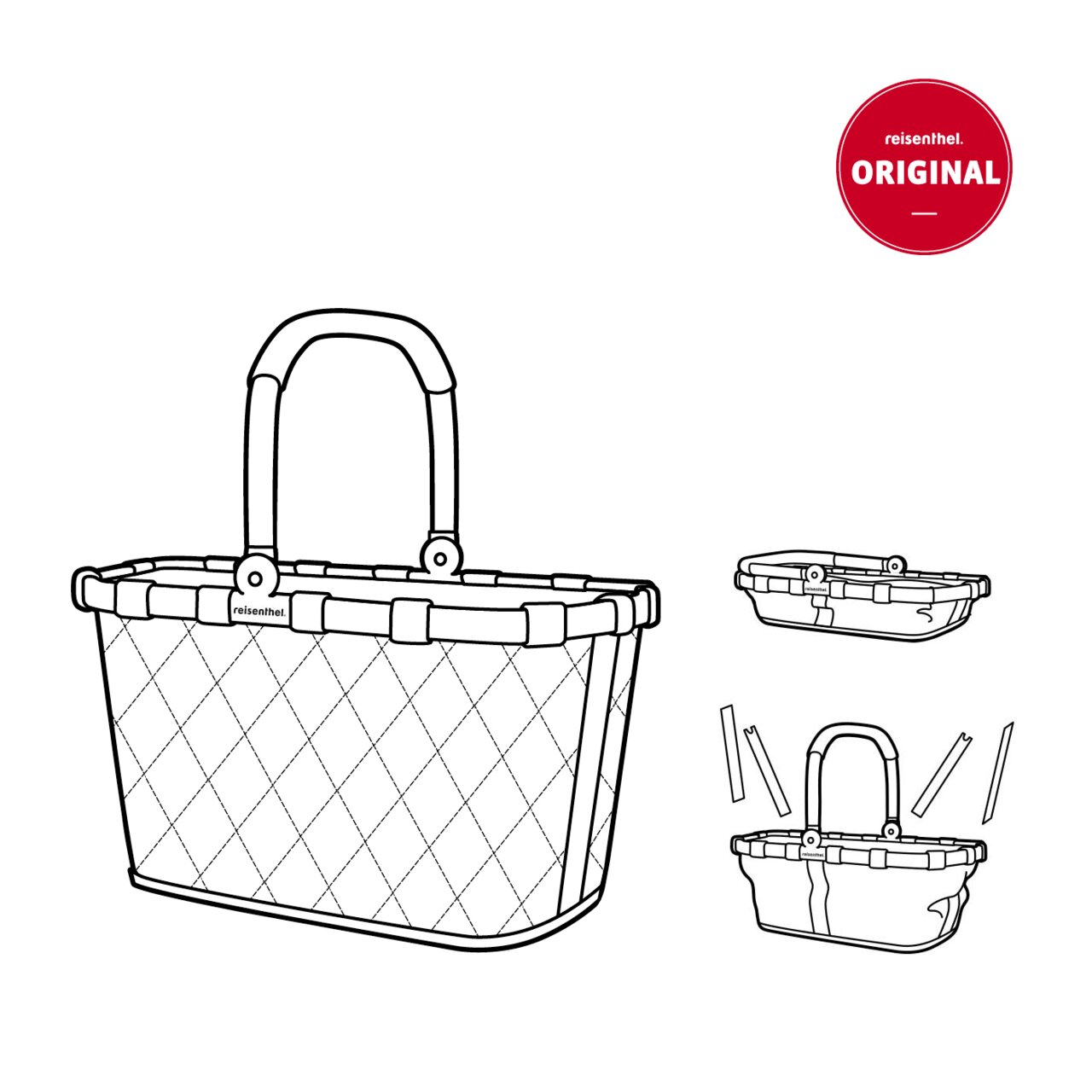 Illustration eines Einkaufskorbs mit Rhombus-Muster, seitliche und frontale Ansicht, mit Tragegriff und faltbarem Design.