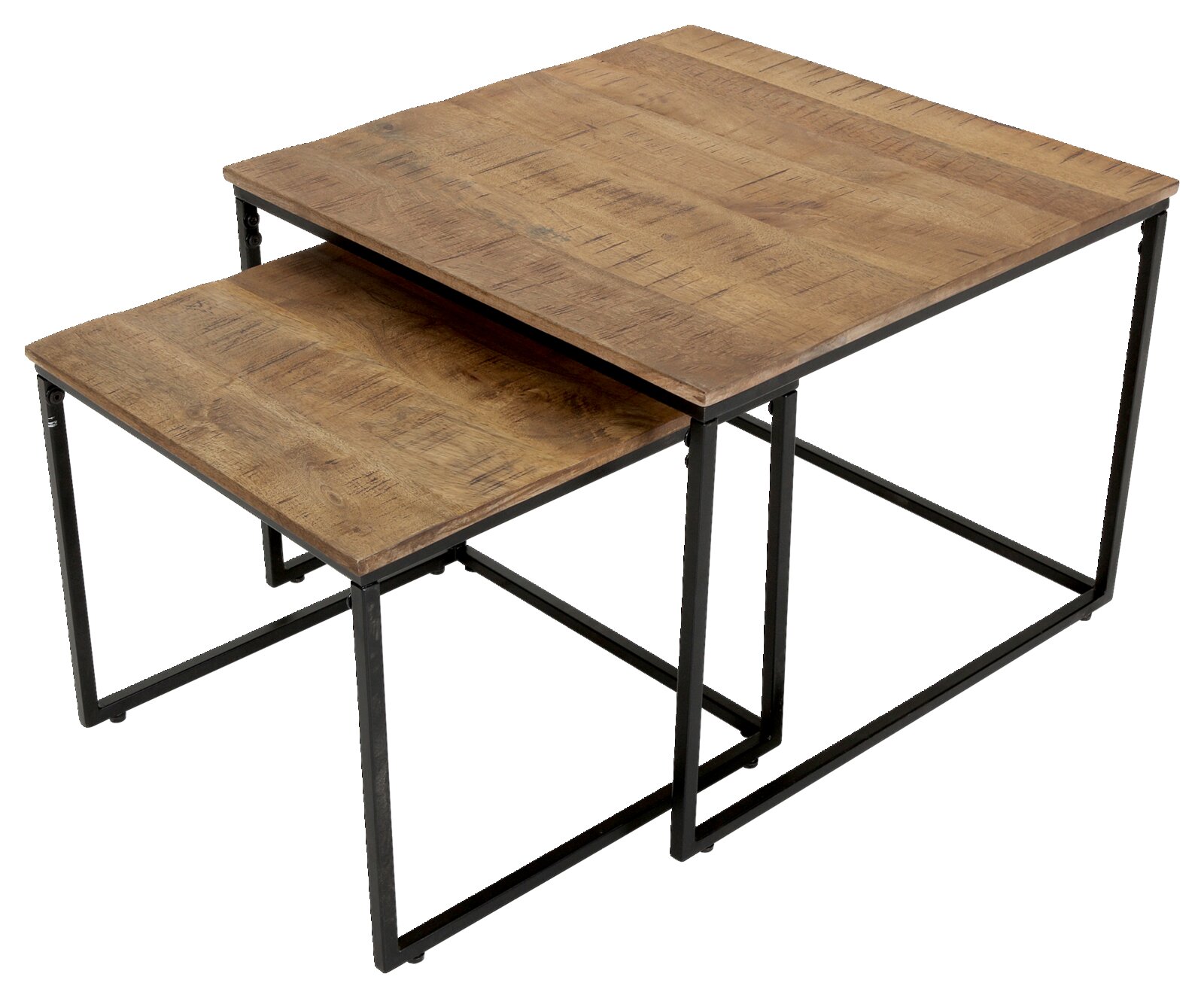 Z2 Bijzettafelset van 2 stuks BARNEY Set van twee hoekige bijzettafels van hout met metalen onderstel, gezien vanuit een schuine hoek van bovenaf