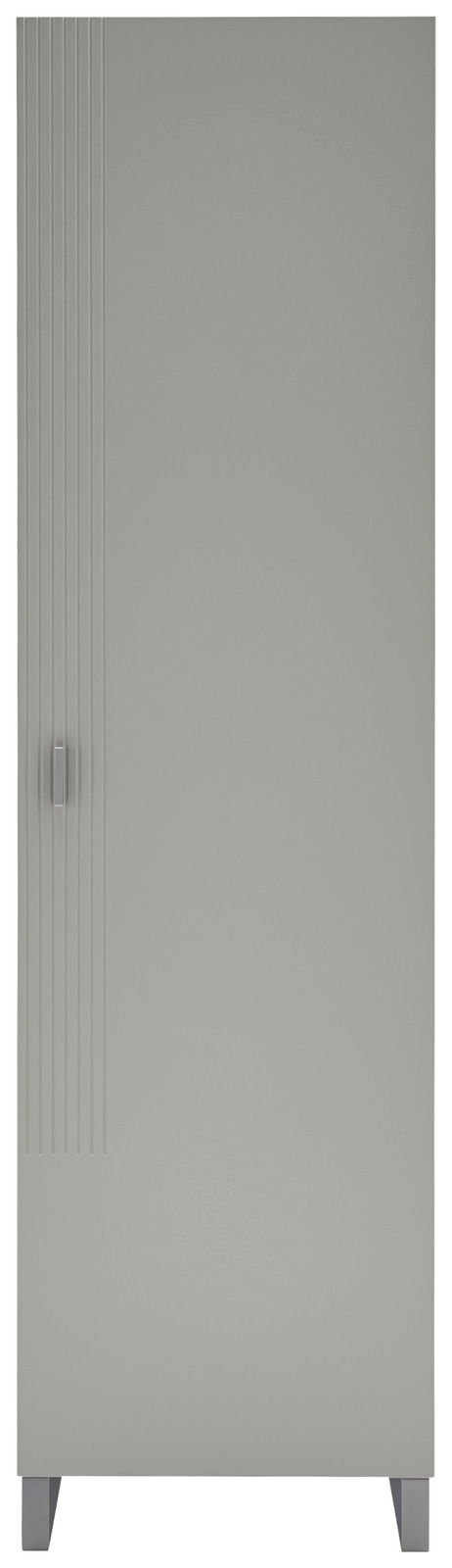 Moderner grauer Garderobenschrank mit vertikalen Linien auf der linken Seite und einem Griff, Frontalansicht.