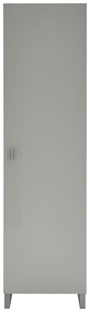 Moderner grauer Garderobenschrank mit vertikalen Linien auf der linken Seite und einem Griff, Frontalansicht.