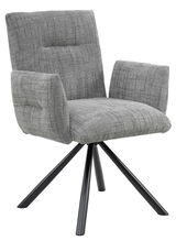 Grauer Armlehnstuhl mit gepolstertem Sitz und Rückenlehne, auf schwarzem Metallgestell, seitliche Perspektive