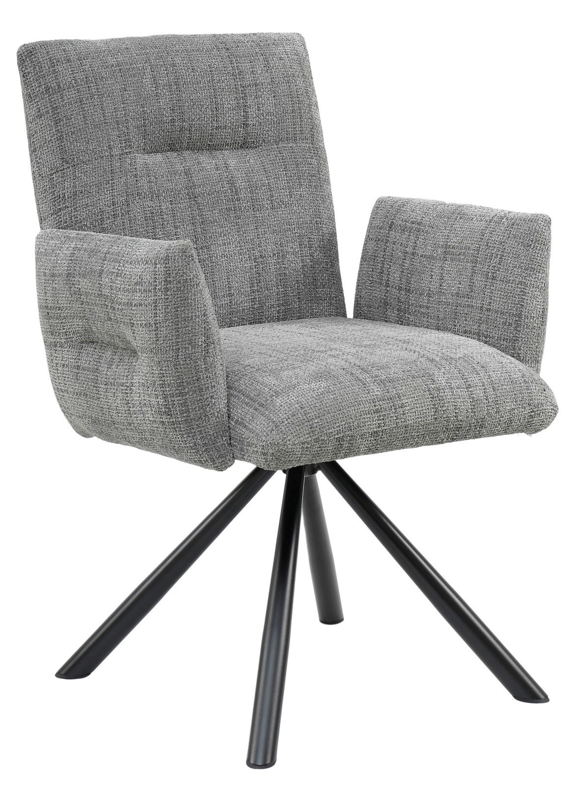 Grauer Armlehnstuhl mit gepolstertem Sitz und Rückenlehne, auf schwarzem Metallgestell, seitliche Perspektive