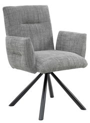 Grauer Armlehnstuhl mit gepolstertem Sitz und Rückenlehne, auf schwarzem Metallgestell, seitliche Perspektive