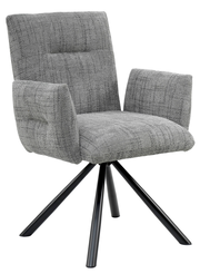 Grauer Armlehnstuhl mit gepolstertem Sitz und Rückenlehne, auf schwarzem Metallgestell, seitliche Perspektive