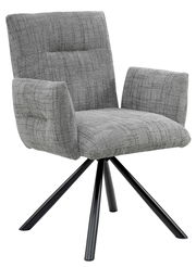 Grauer Armlehnstuhl mit gepolstertem Sitz und Rückenlehne, auf schwarzem Metallgestell, seitliche Perspektive