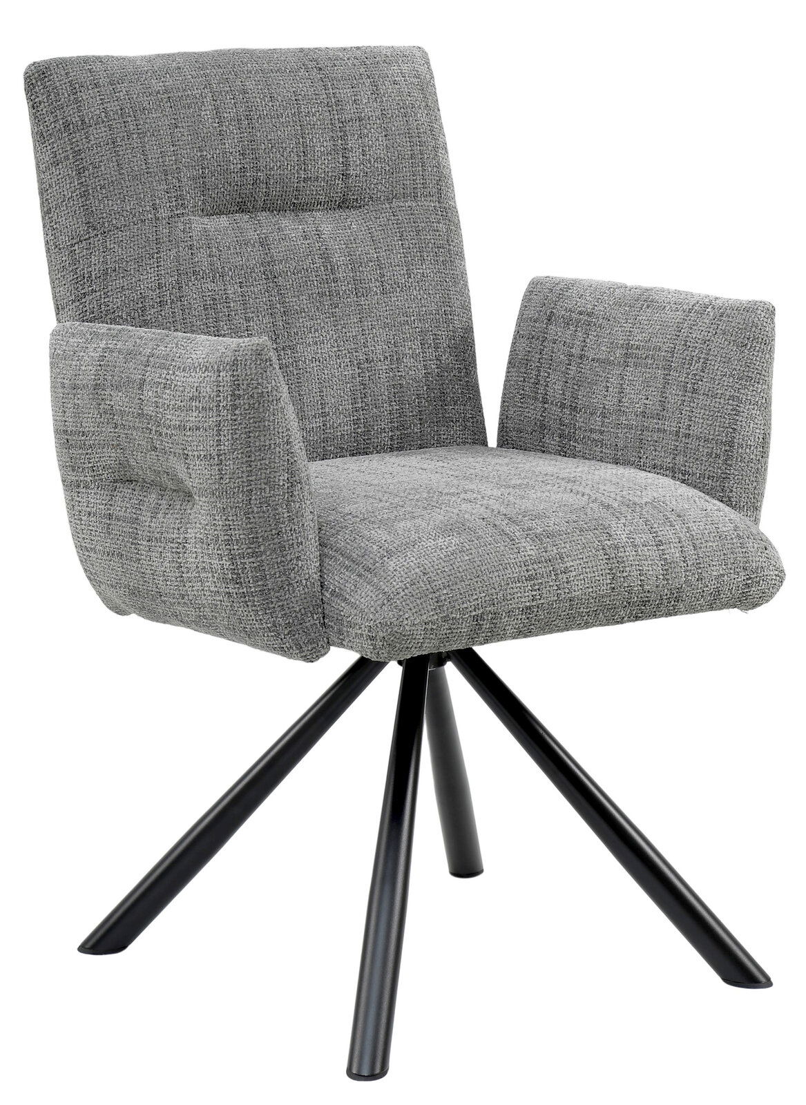 Grauer Armlehnstuhl mit gepolstertem Sitz und Rückenlehne, auf schwarzem Metallgestell, seitliche Perspektive