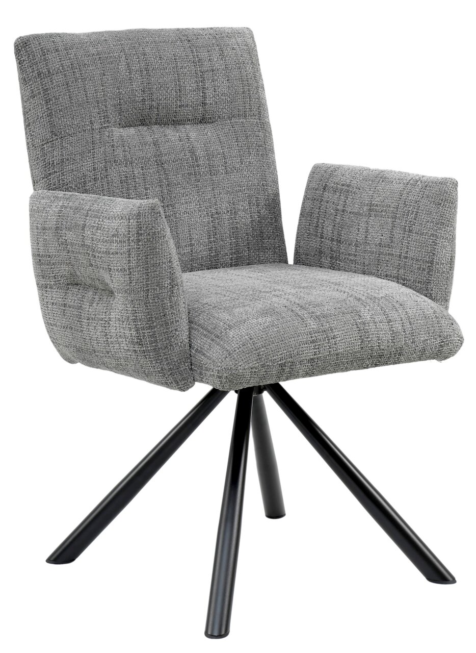 Grauer Armlehnstuhl mit gepolstertem Sitz und Rückenlehne, auf schwarzem Metallgestell, seitliche Perspektive