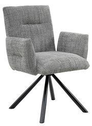 Grauer Armlehnstuhl mit gepolstertem Sitz und Rückenlehne, auf schwarzem Metallgestell, seitliche Perspektive