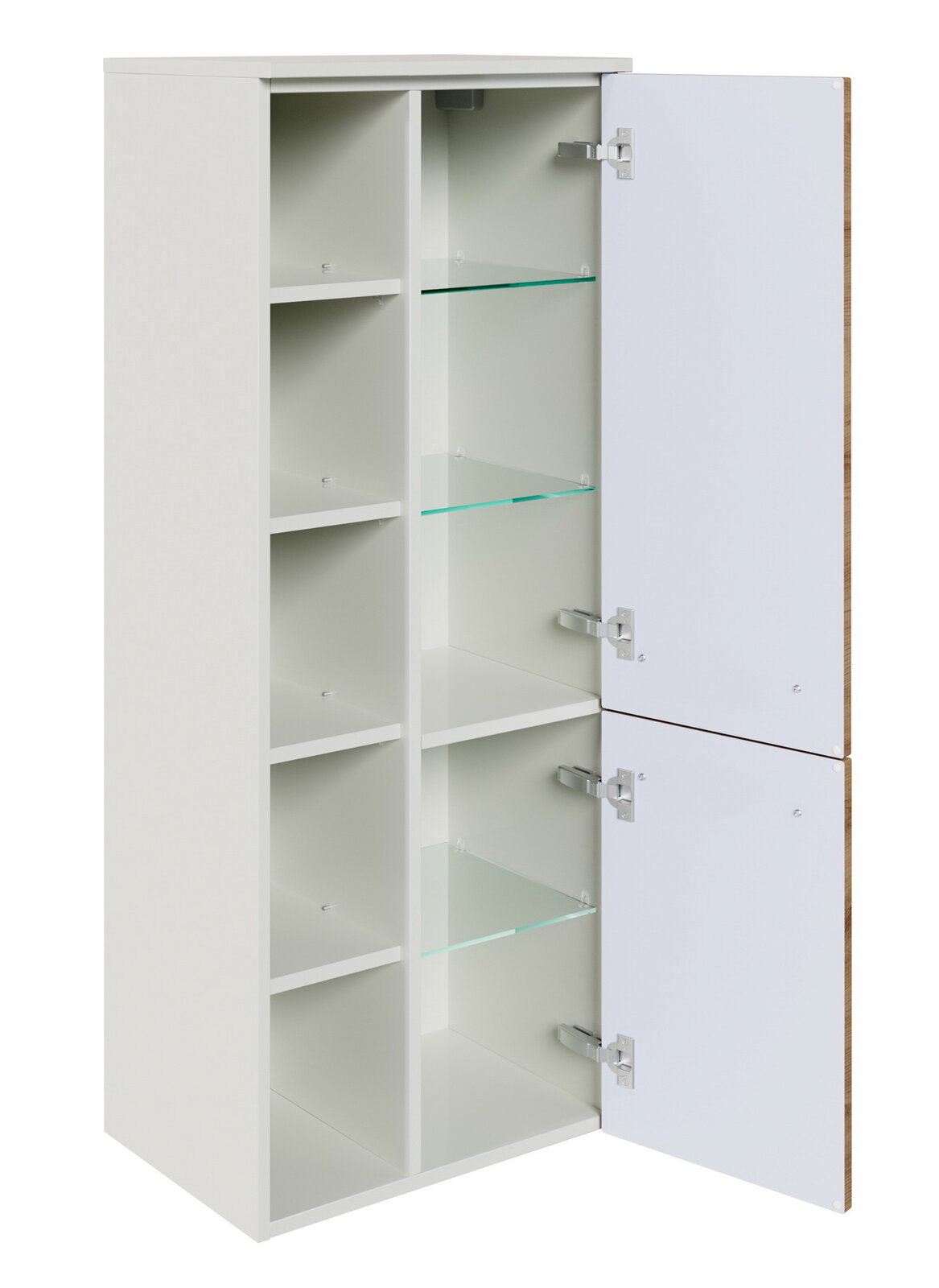 Sadena Midischrank PLAKA Weißer Midischrank mit offenen und geschlossenen Fächern, Türen geöffnet, seitliche Perspektive