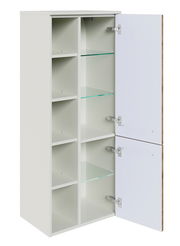 Weißer Midischrank mit offenen und geschlossenen Fächern, Türen geöffnet, seitliche Perspektive