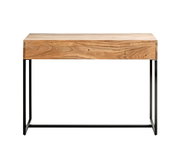Minimalistischer Konsolentisch aus massivem Holz mit markanter Maserung und schwarzem Metallgestell, frontal in leichter Aufsicht vor weißem Hintergrund