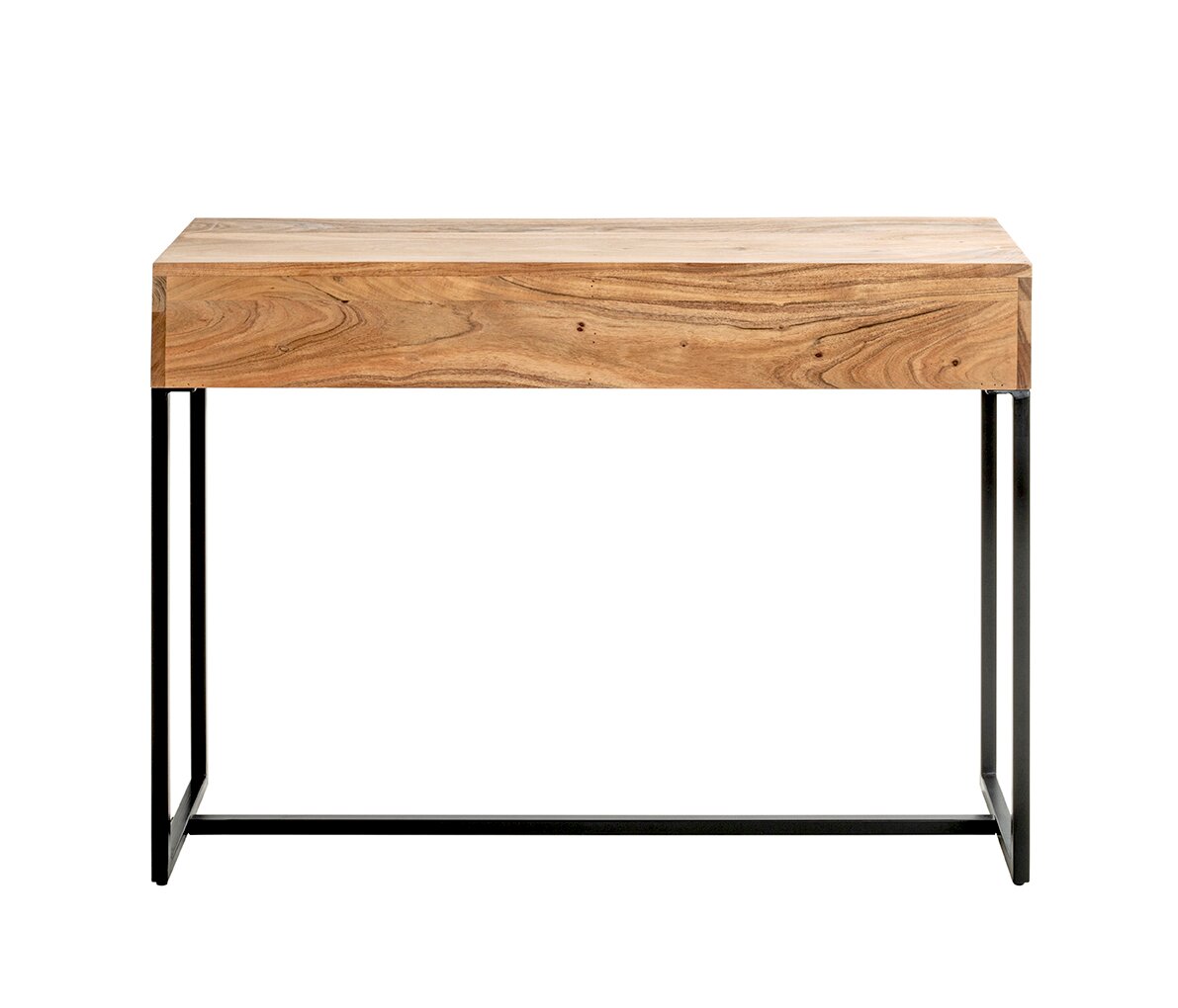 Minimalistischer Konsolentisch aus massivem Holz mit markanter Maserung und schwarzem Metallgestell, frontal in leichter Aufsicht vor weißem Hintergrund