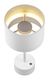 Moderne weiße Akku-Tischleuchte mit rundem Lampenschirm und goldener Innenseite, Ansicht von oben.