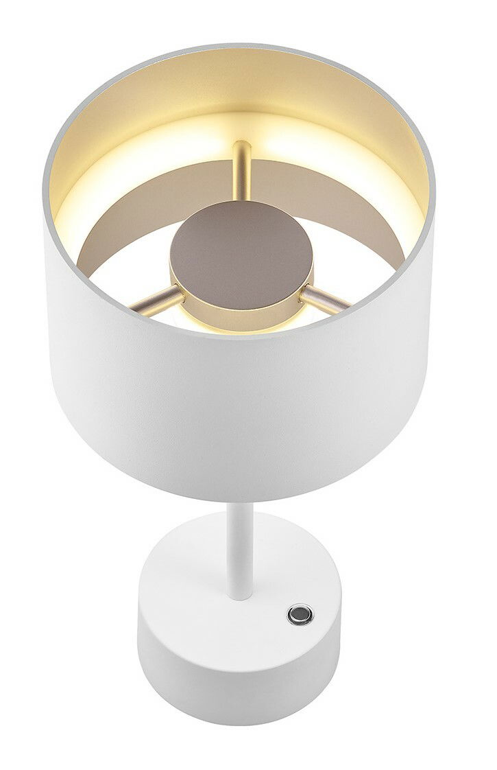 Moderne weiße Akku-Tischleuchte mit rundem Lampenschirm und goldener Innenseite, Ansicht von oben.