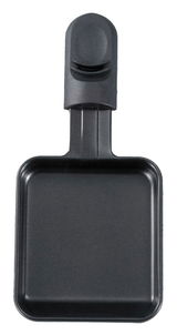 Raclette-Pfännchen aus schwarzem Material, von oben betrachtet.