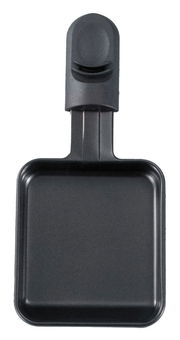 Raclette-Pfännchen aus schwarzem Material, von oben betrachtet.