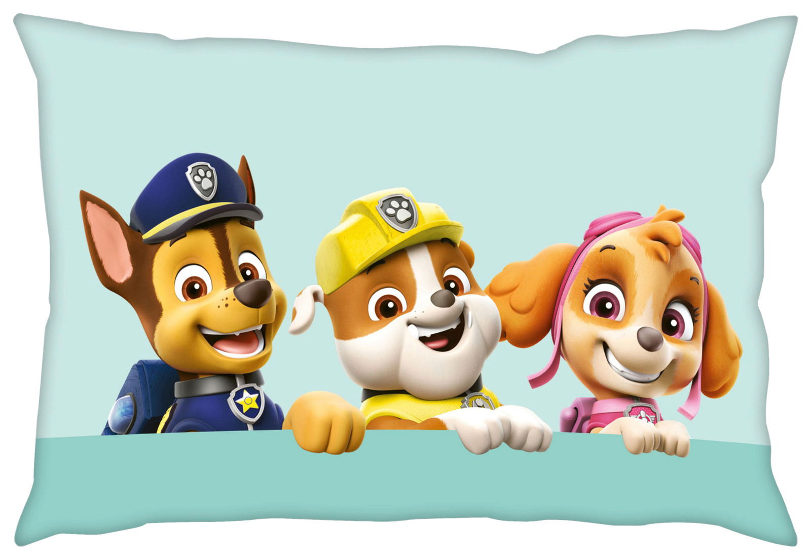 Kissenbezug mit drei fröhlichen Cartoon-Hunden auf hellblauem Hintergrund, Vorderansicht