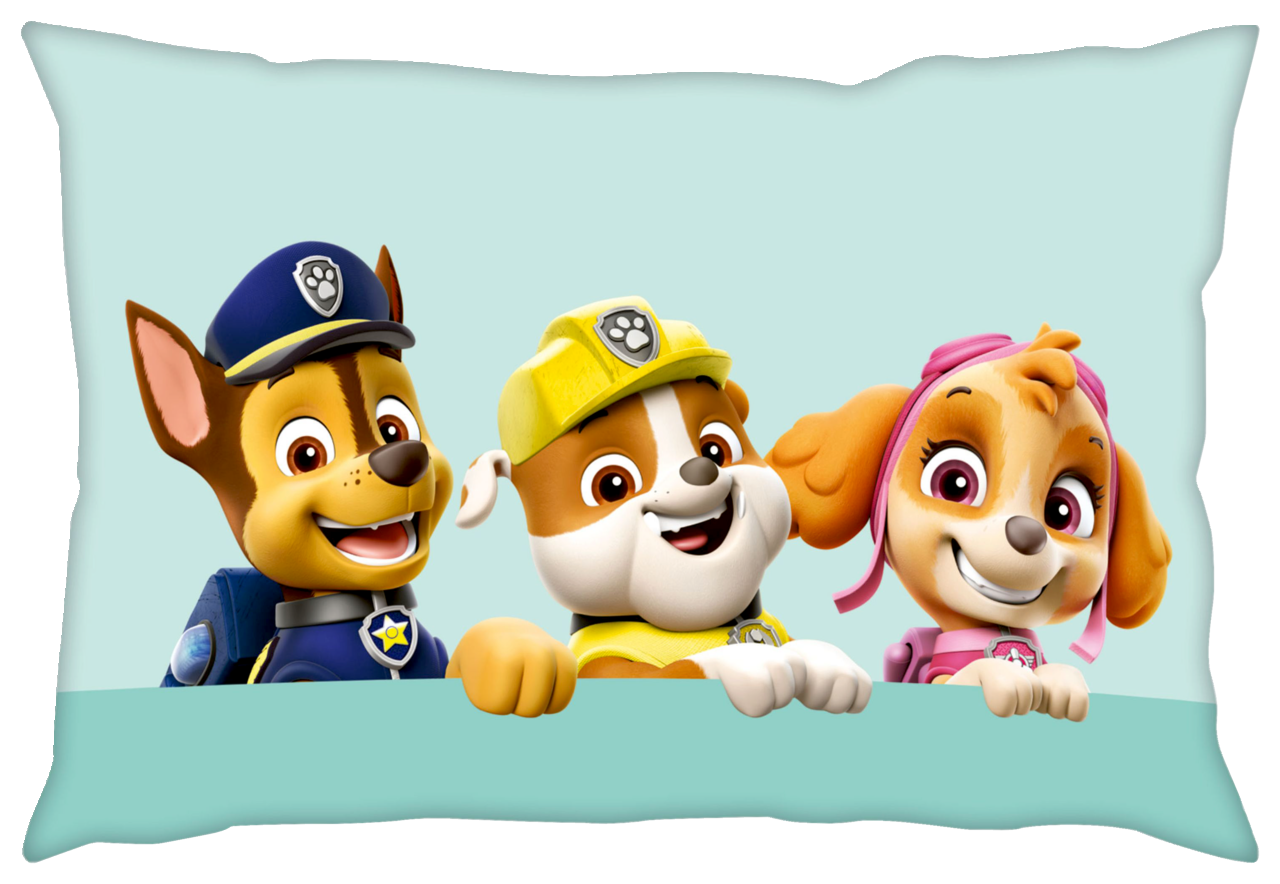 Kissenbezug mit drei fröhlichen Cartoon-Hunden auf hellblauem Hintergrund, Vorderansicht