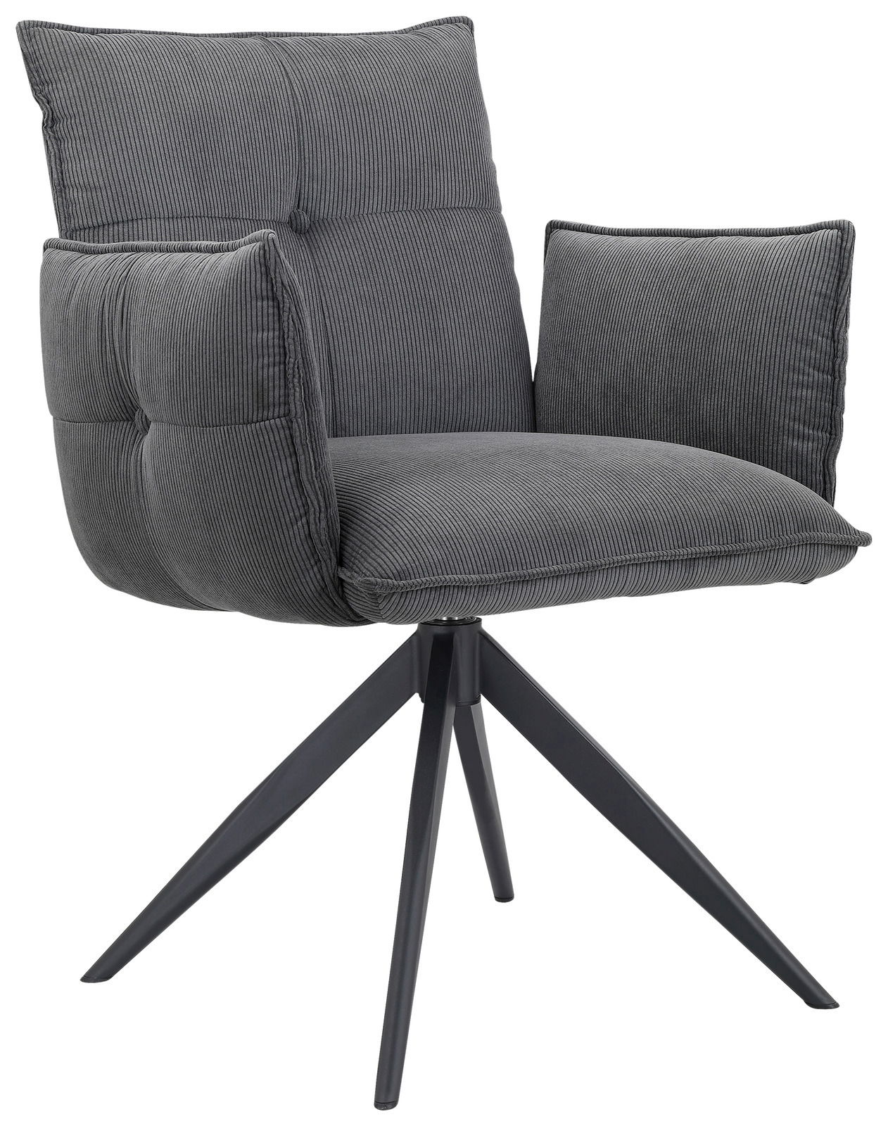 Grauer Armlehnstuhl mit gepolstertem Sitz und Rückenlehne, auf schwarzem Metallgestell, seitliche Perspektive