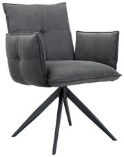 Grauer Armlehnstuhl mit gepolstertem Sitz und Rückenlehne, auf schwarzem Metallgestell, seitliche Perspektive