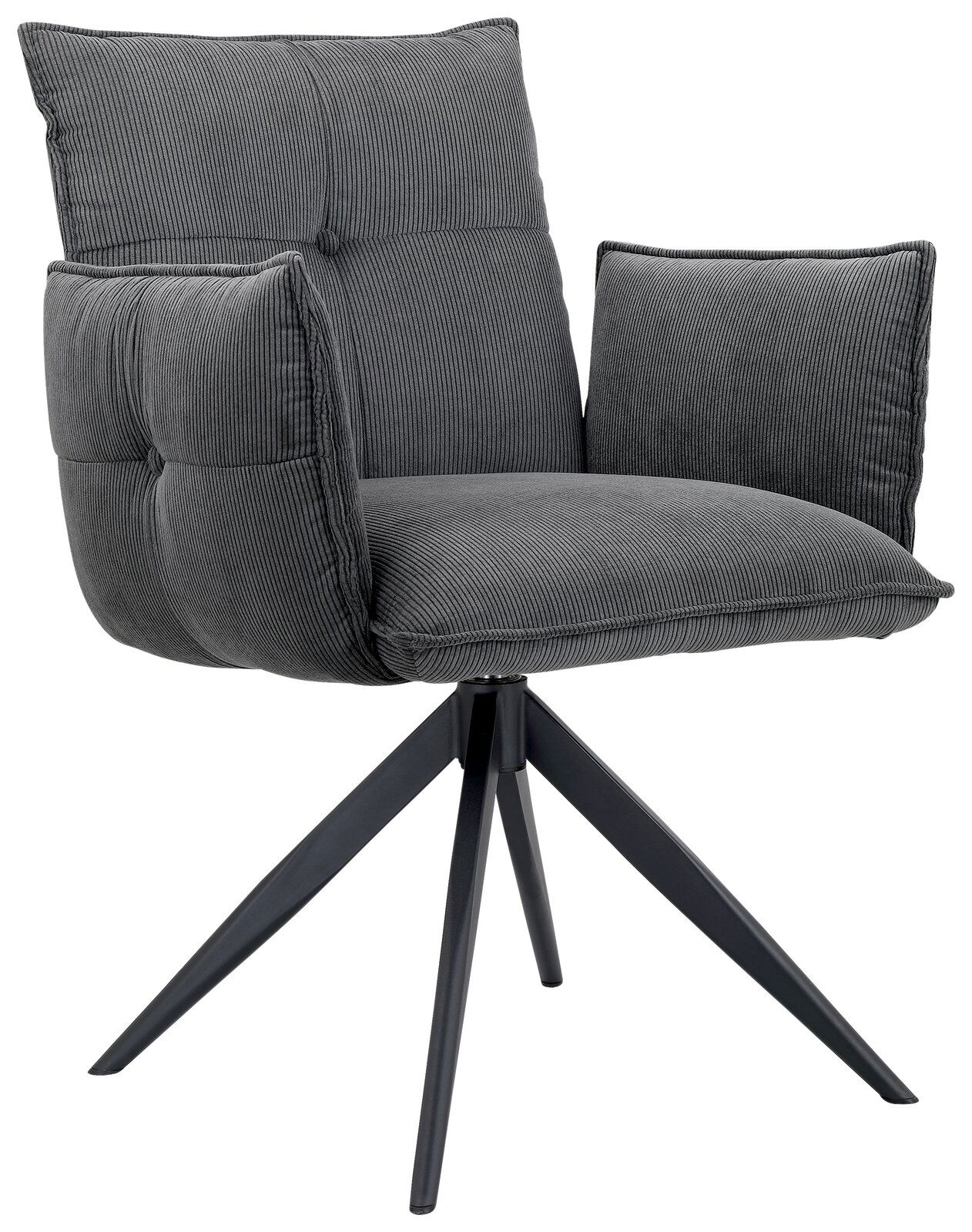 Novel Armlehnstuhl COCO Grauer Armlehnstuhl mit gepolstertem Sitz und Rückenlehne, auf schwarzem Metallgestell, seitliche Perspektive