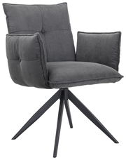 Grauer Armlehnstuhl mit gepolstertem Sitz und Rückenlehne, auf schwarzem Metallgestell, seitliche Perspektive