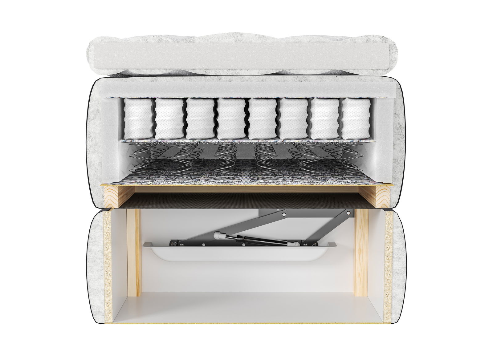 Querschnitt eines Boxspringbetts mit sichtbaren Schichten und Federkern, seitliche Perspektive.