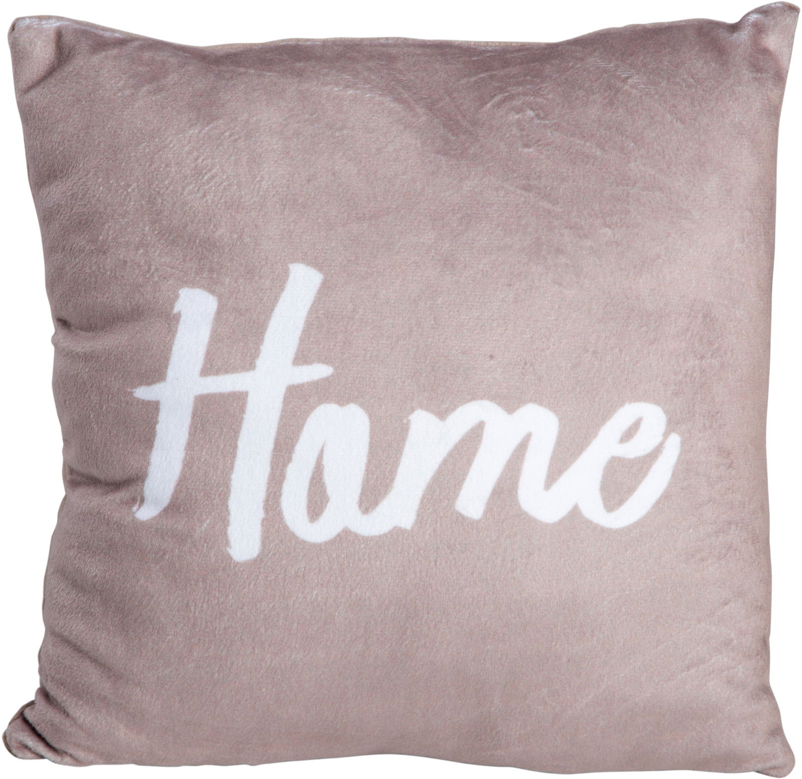 Dekokissen mit dem Schriftzug 'Home' in weißer Schrift auf beigem Hintergrund, Frontalansicht