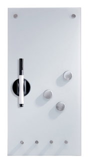 Memoboard mit Haken, frontal abgebildet, mit Stift und runden Magneten auf einer glatten Oberfläche.