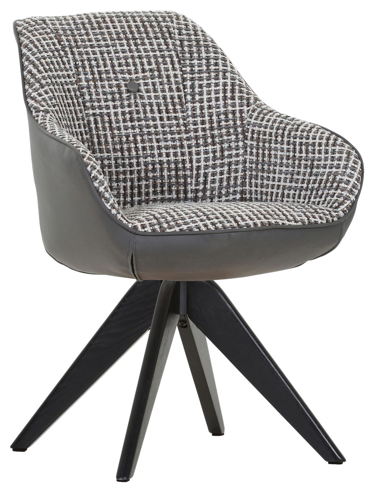 Moderner Armlehnstuhl mit gemustertem Stoffbezug und schwarzem Holzgestell, seitliche Perspektive
