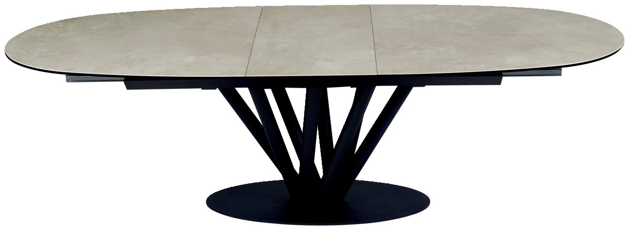 Moderne eettafel met een ovaal, uitschuifbaar tafelblad en een zwart, sculpturaal onderstel, gezien vanaf de zijkant