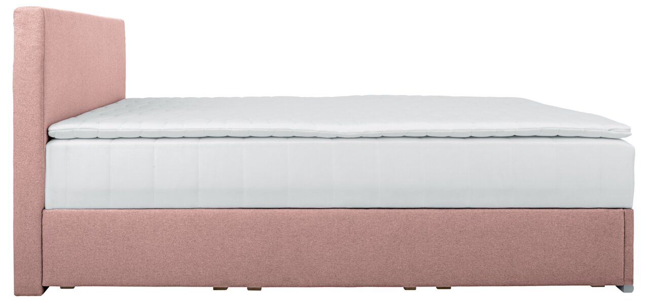 Zijaanzicht van een boxspring in roze met een wit matras en een gestoffeerd hoofdeinde.