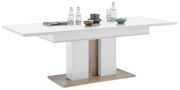 Moderner, ausziehbarer Esstisch in Weiß mit Holzdetails, seitliche Perspektive