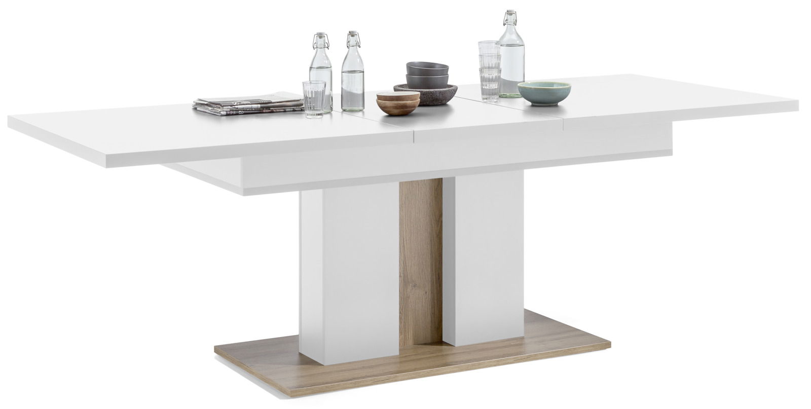 Moderner, ausziehbarer Esstisch in Weiß mit Holzdetails, seitliche Perspektive