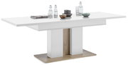 Moderner, ausziehbarer Esstisch in Weiß mit Holzdetails, seitliche Perspektive