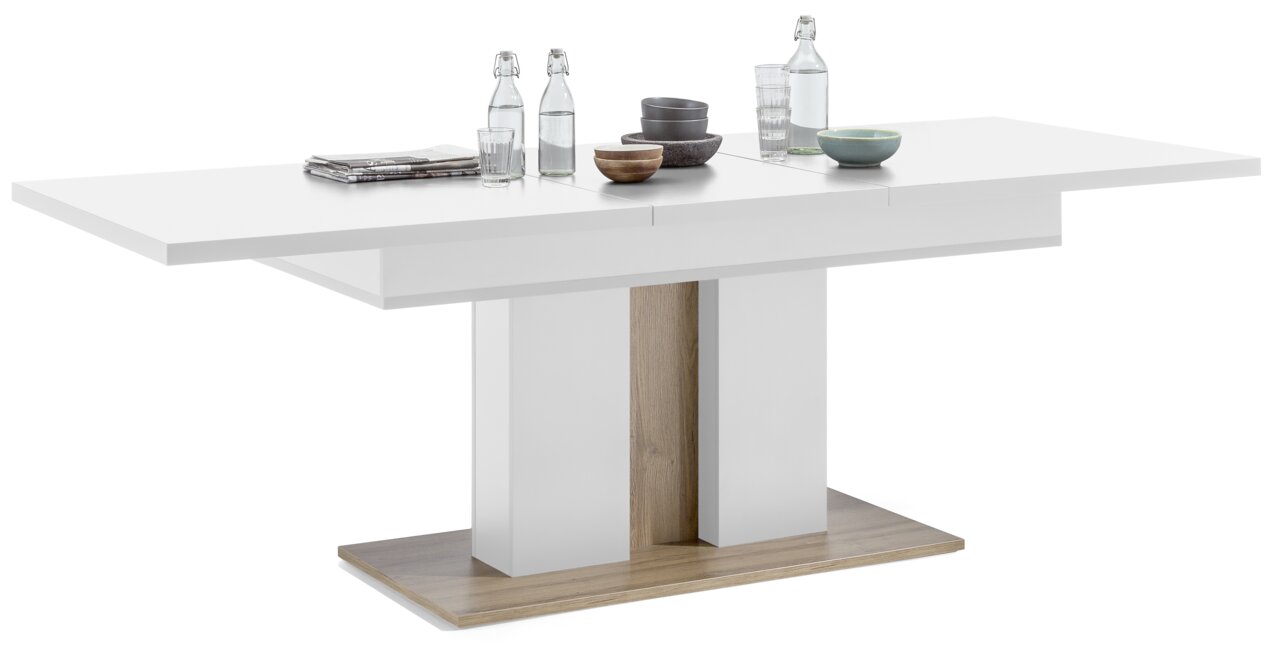 Moderner, ausziehbarer Esstisch in Weiß mit Holzdetails, seitliche Perspektive