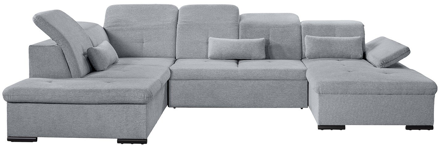 Graues Ecksofa in U-Form mit verstellbaren Kopfstützen und Kissen, Vorderansicht
