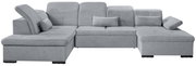 Graues Ecksofa in U-Form mit verstellbaren Kopfstützen und Kissen, Vorderansicht