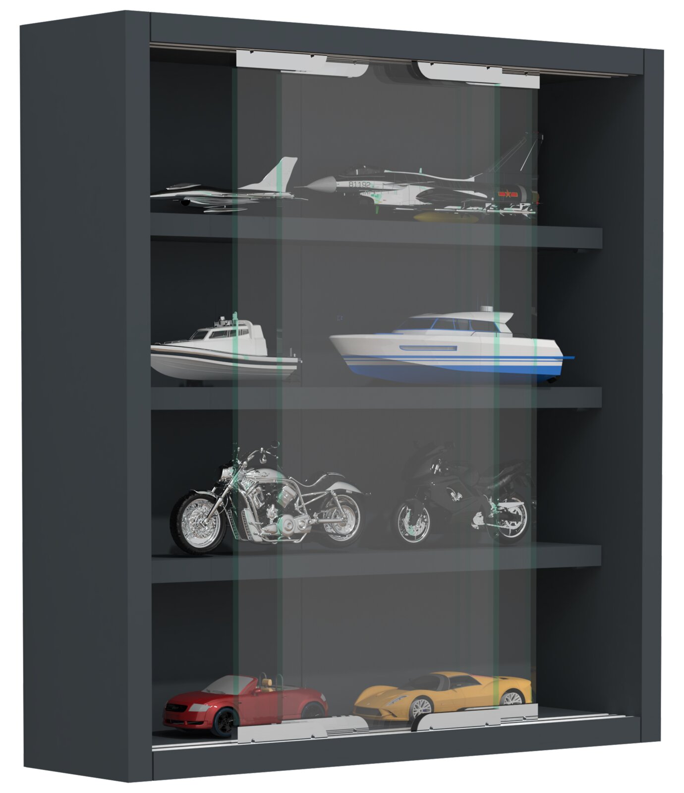 Schwarze Vitrine/Display-Schrank mit Glasfront und mehreren Ablageböden zur Präsentation von Modellfahrzeugen (Flugzeuge, Boote, Motorräder, Autos), gezeigt in leicht schräger Frontansicht von links.