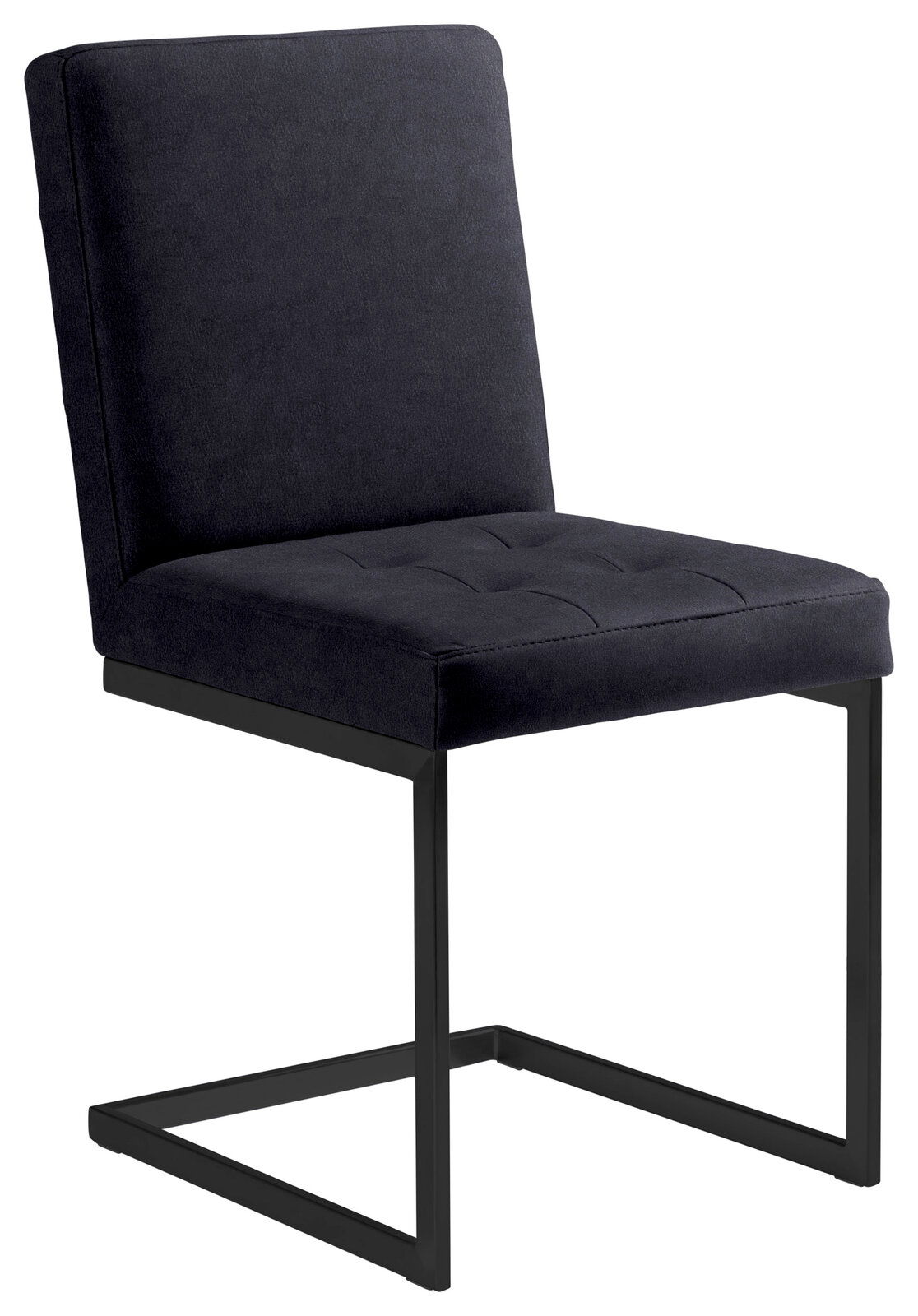 Moderner Freischwinger-Stuhl mit schwarzem Stoffbezug und stabilem Metallgestell, seitliche Perspektive.