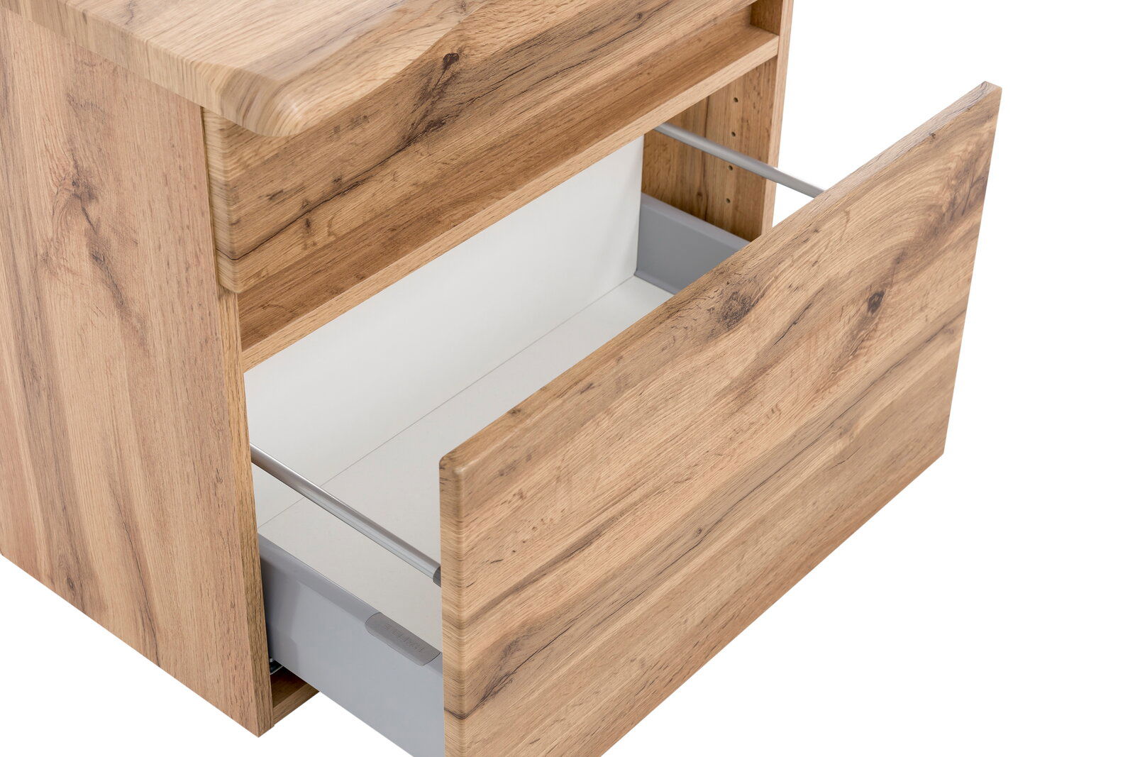 Waschbeckenunterschrank aus Holz mit geöffneter Schublade, seitliche Perspektive