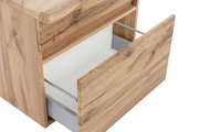 Waschbeckenunterschrank aus Holz mit geöffneter Schublade, seitliche Perspektive