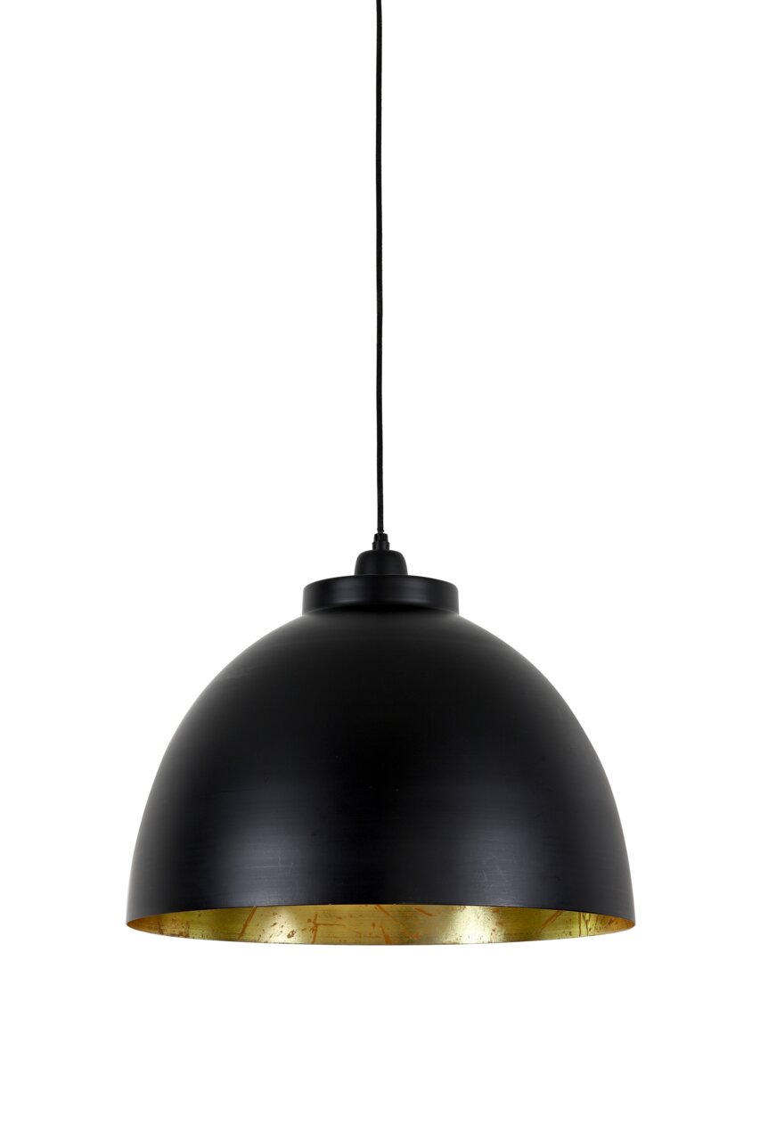Schwarze Hängeleuchte mit goldener Innenseite, frontal betrachtet.