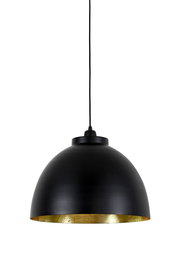 Schwarze Hängeleuchte mit goldener Innenseite, frontal betrachtet.